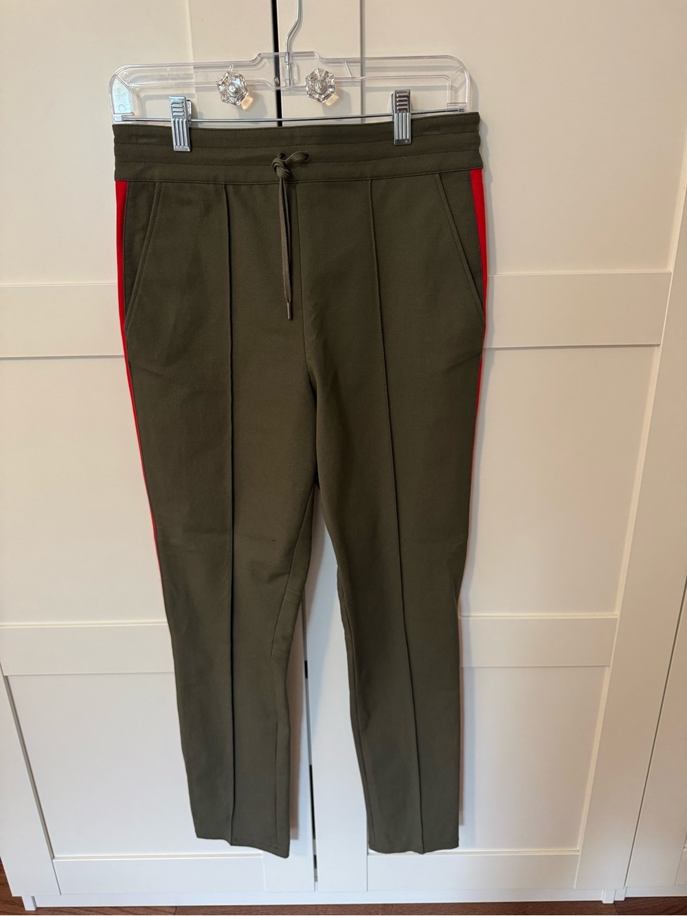 Joseph Olive Green Skinny Pants with Red Side Stripe